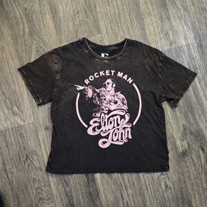 Elton John  “Rocket Man” Grey And Pink Faded Distressed Wash Cropped Tshirt M